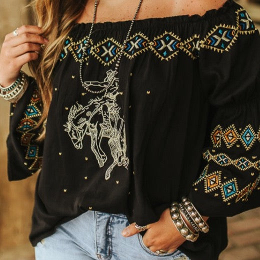 Aztec Embroidered Bronc Riding Horse Off Shoulder Top