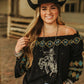 Aztec Embroidered Bronc Riding Horse Off Shoulder Top