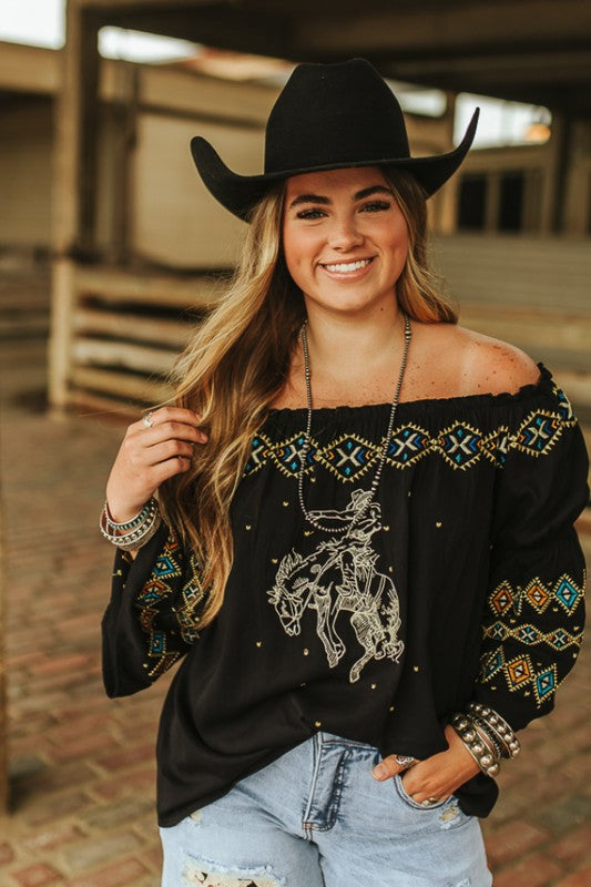 Aztec Embroidered Bronc Riding Horse Off Shoulder Top