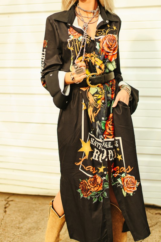 Black National Rodeo Horse Rose Printed Button Down Maxi Shirt Dress