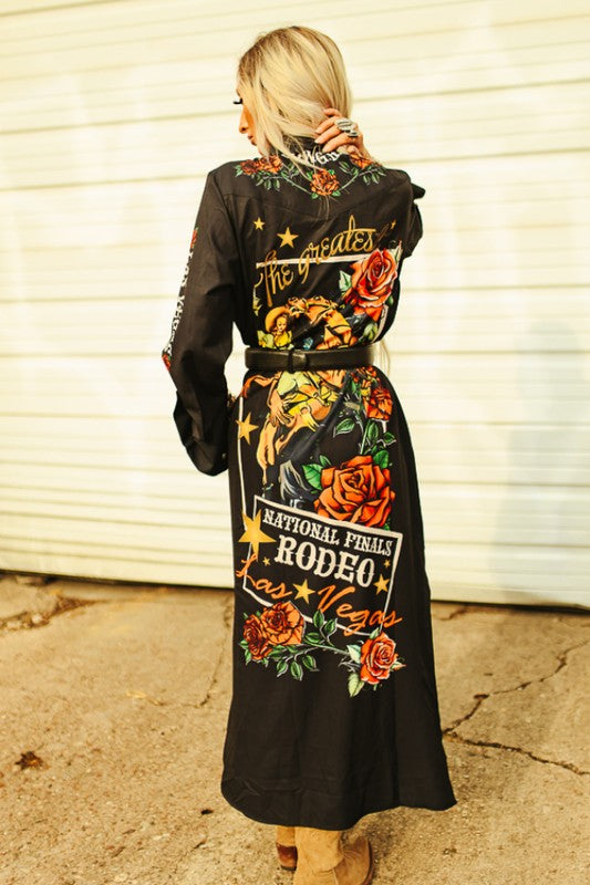 Black National Rodeo Horse Rose Printed Button Down Maxi Shirt Dress