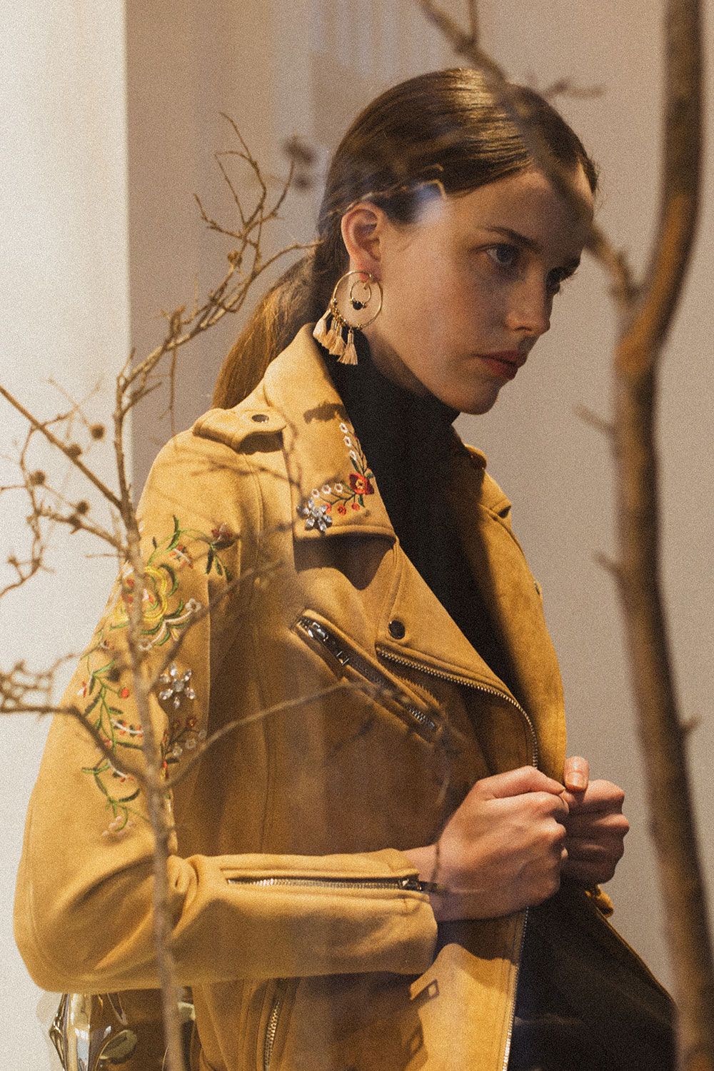 Vegan Suede Moto Jacket with Embroidery in Tan at Bourbon Cowgirl