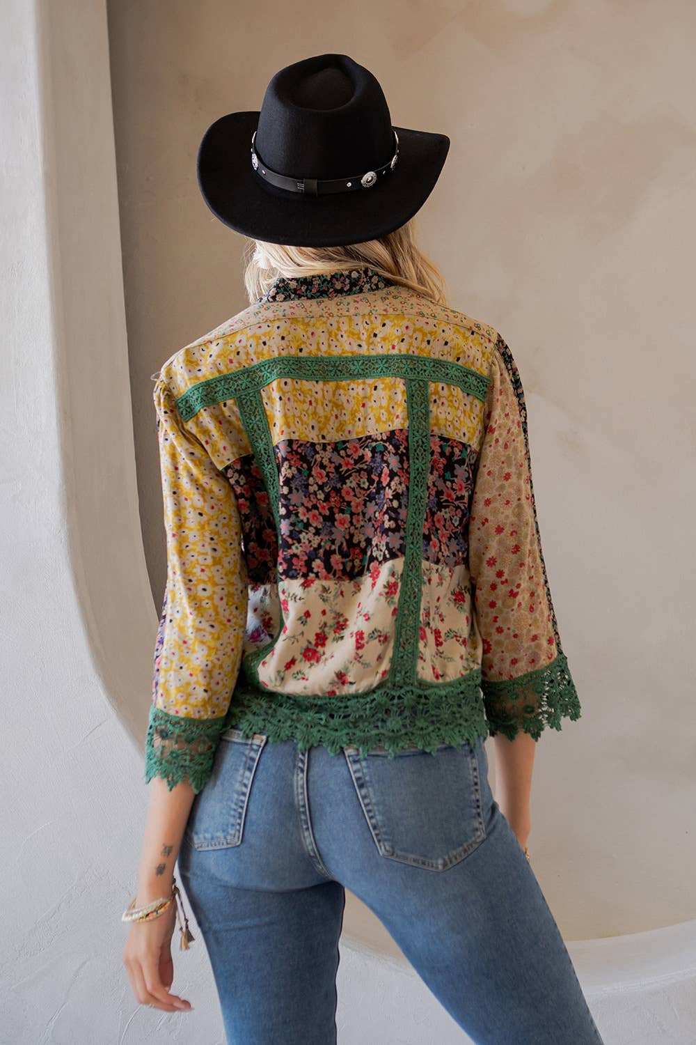 Lace Detailed Button Down Cropped Boho Cowgirl Shirt