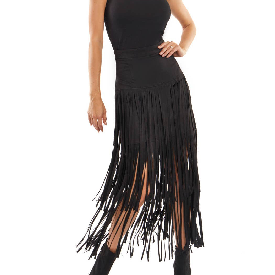 Black Faux Suede Fringe Skirt