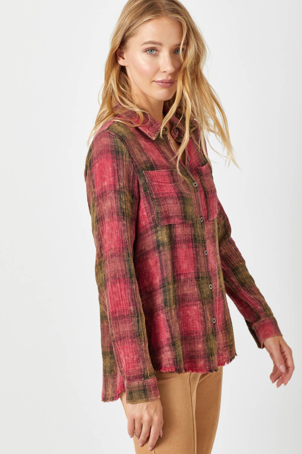 Fringe Bottom Washed Plaid Shirt