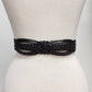 Hand Braided Black Leather Belt with Silver Floral Etched Buckle