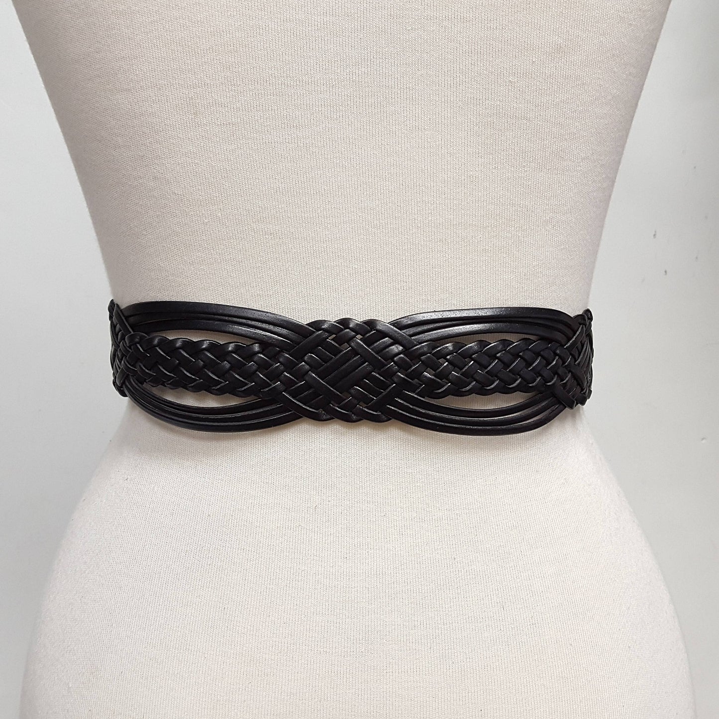 Hand Braided Black Leather Belt with Silver Floral Etched Buckle