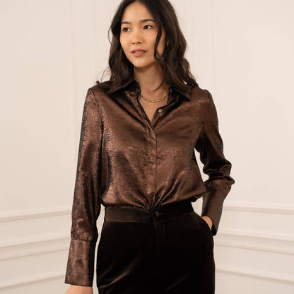 Léa Shiny Metallic Button Up Shirt in Brown