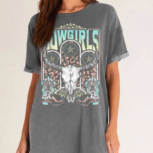 Cowgirl Steer Skull and Boots Graphic T-Shirt Dress