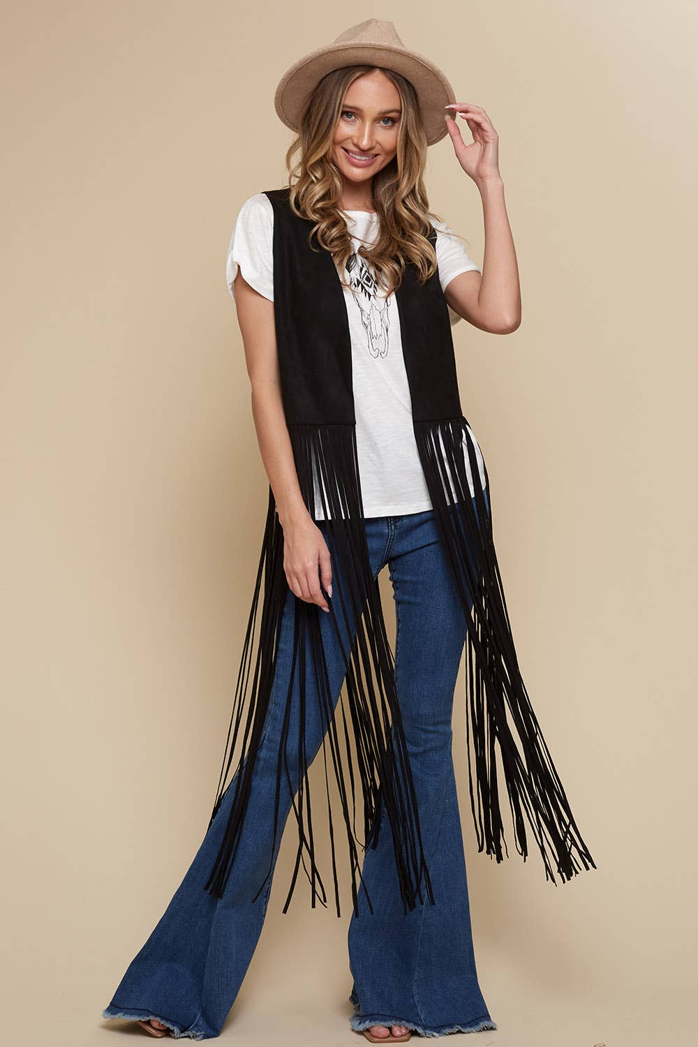 Black Long Fringe Faux Suede Western Vest