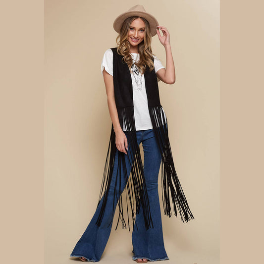 Black Long Fringe Faux Suede Western Vest