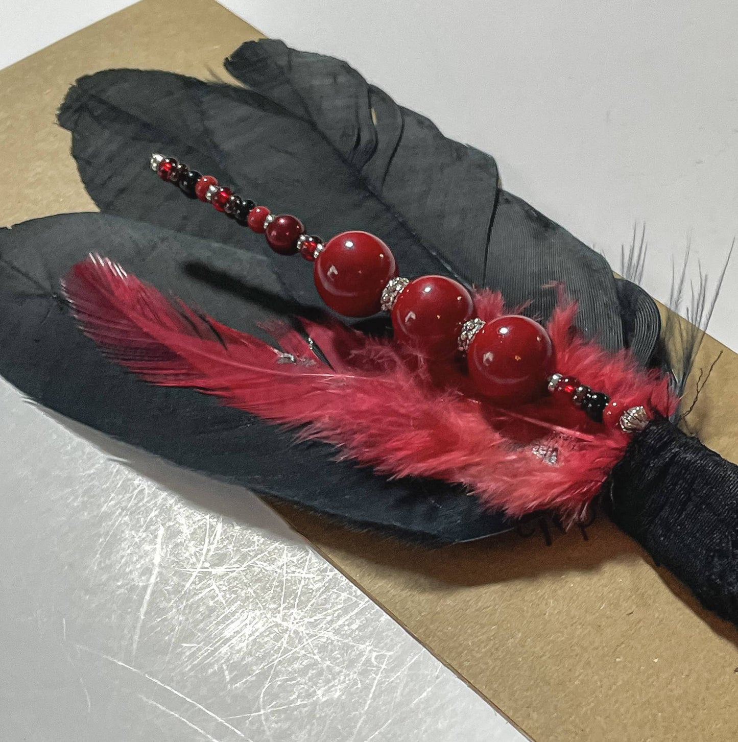 Red and Black Hat Pin Feather Combination