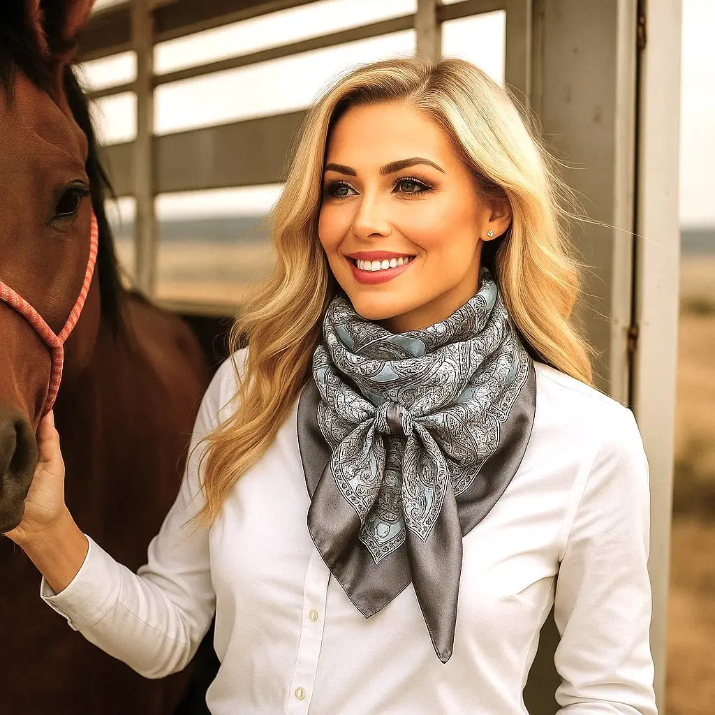 Woman with horse wearing silk scarf