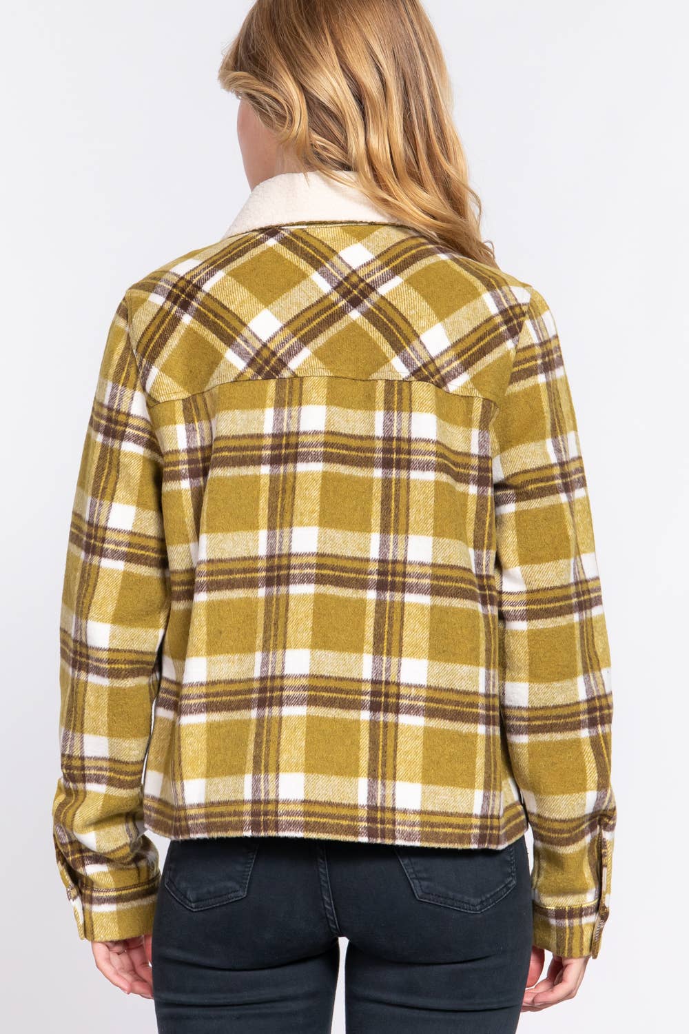Faux Fur Collar Olive Plaid Shacket