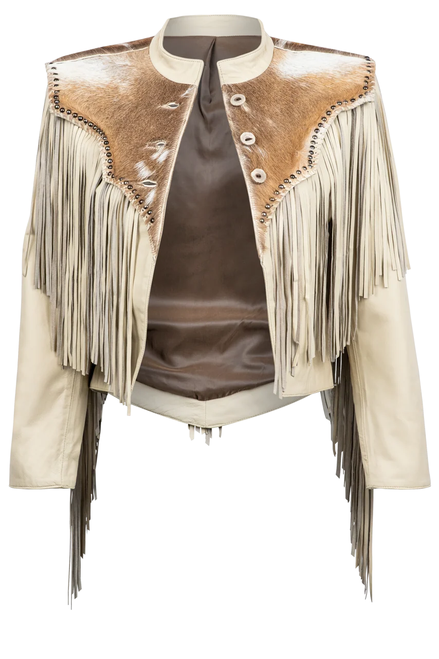 Axis Deer Palomino With Fringe Ivory Leather Jacket