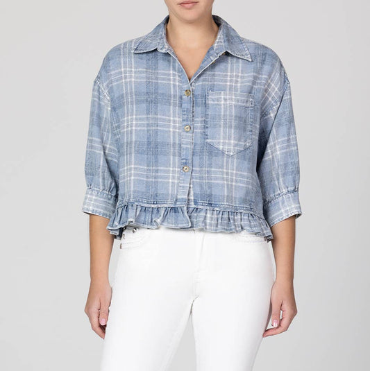 Blue Denim Plaid top with Ruffle Hem