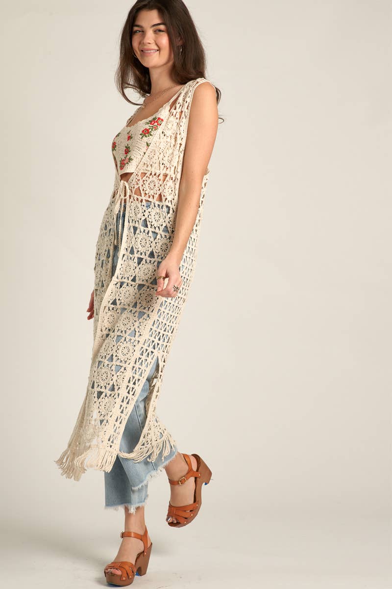 Crochet Open Front Tie Tassel Maxi Cardigan