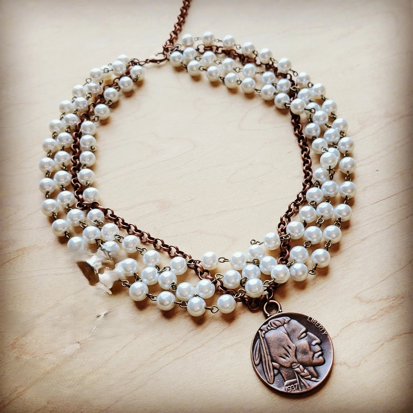 Indian Head Coin Pendant Necklace, Pearl & Antique Copper