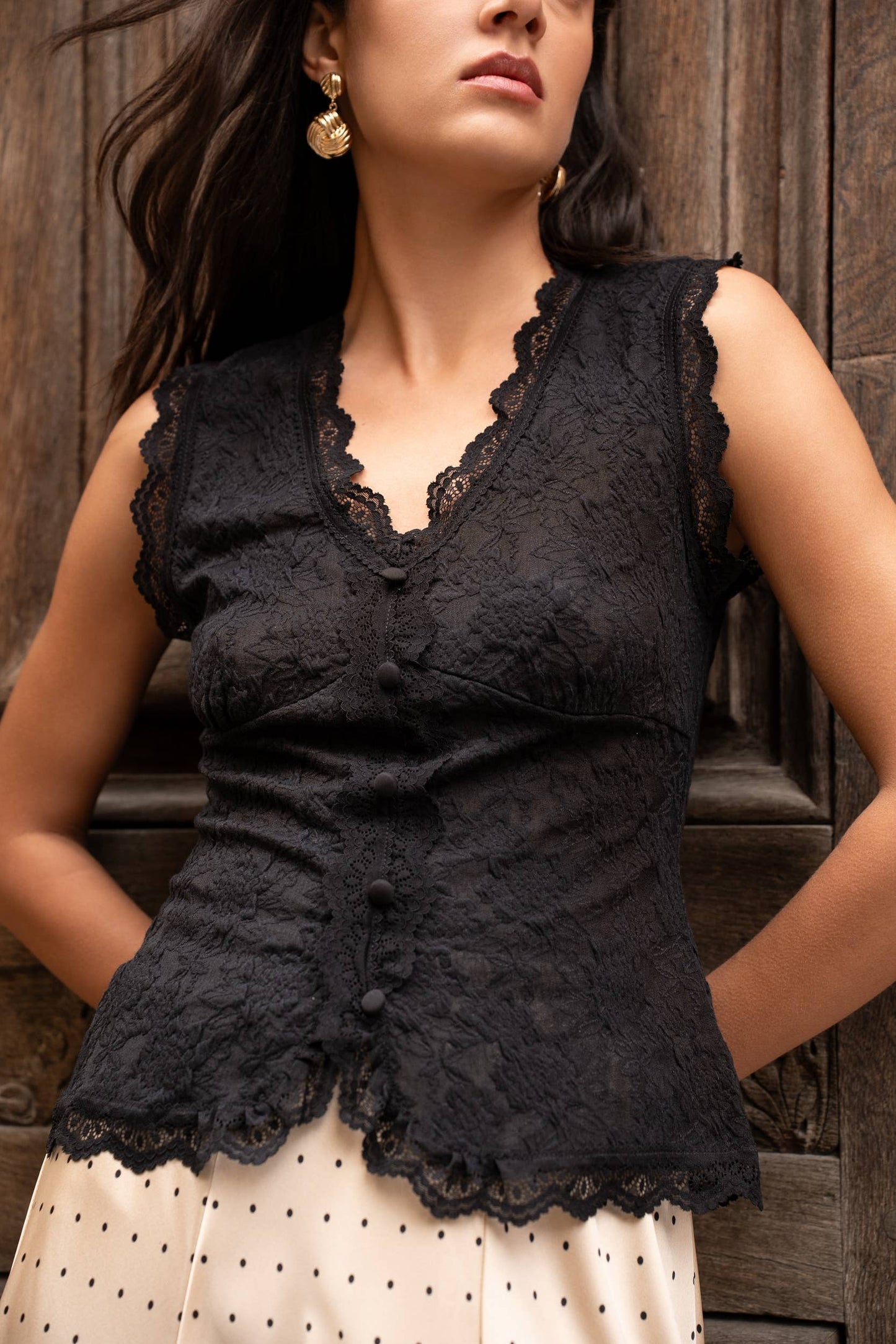 Lace Sleeveless V Neck Top in Black