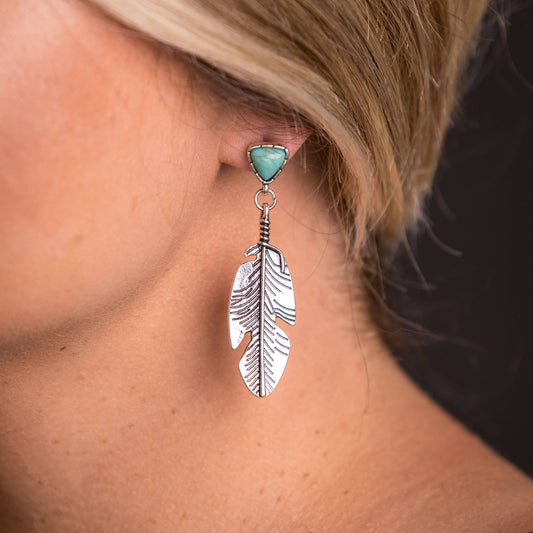 Burnished Silver Feather Earring with Turquoise Stone