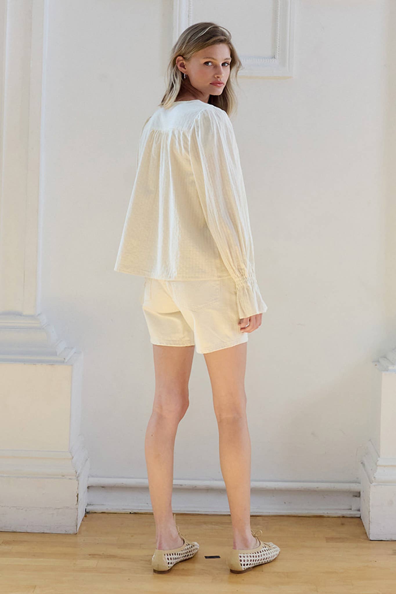 Lace Pintuck Detail Button Blouse