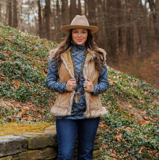 Luxe Suede and Fur Vest in Wheat by Tasha Polizzi