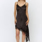 Lace Trim Asymmetrical Hem Satin Midi Dress in Black