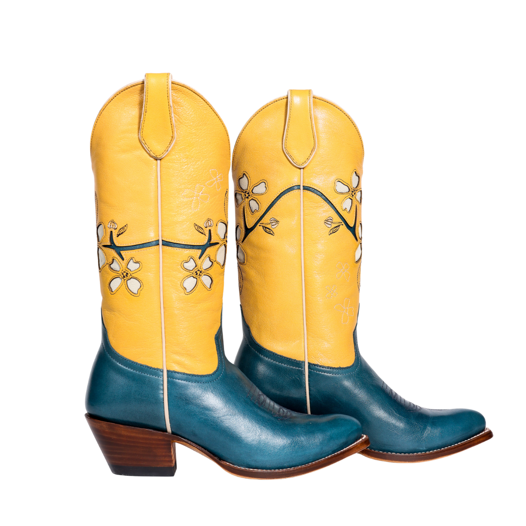 Yellow & blue cowboy boots with floral design