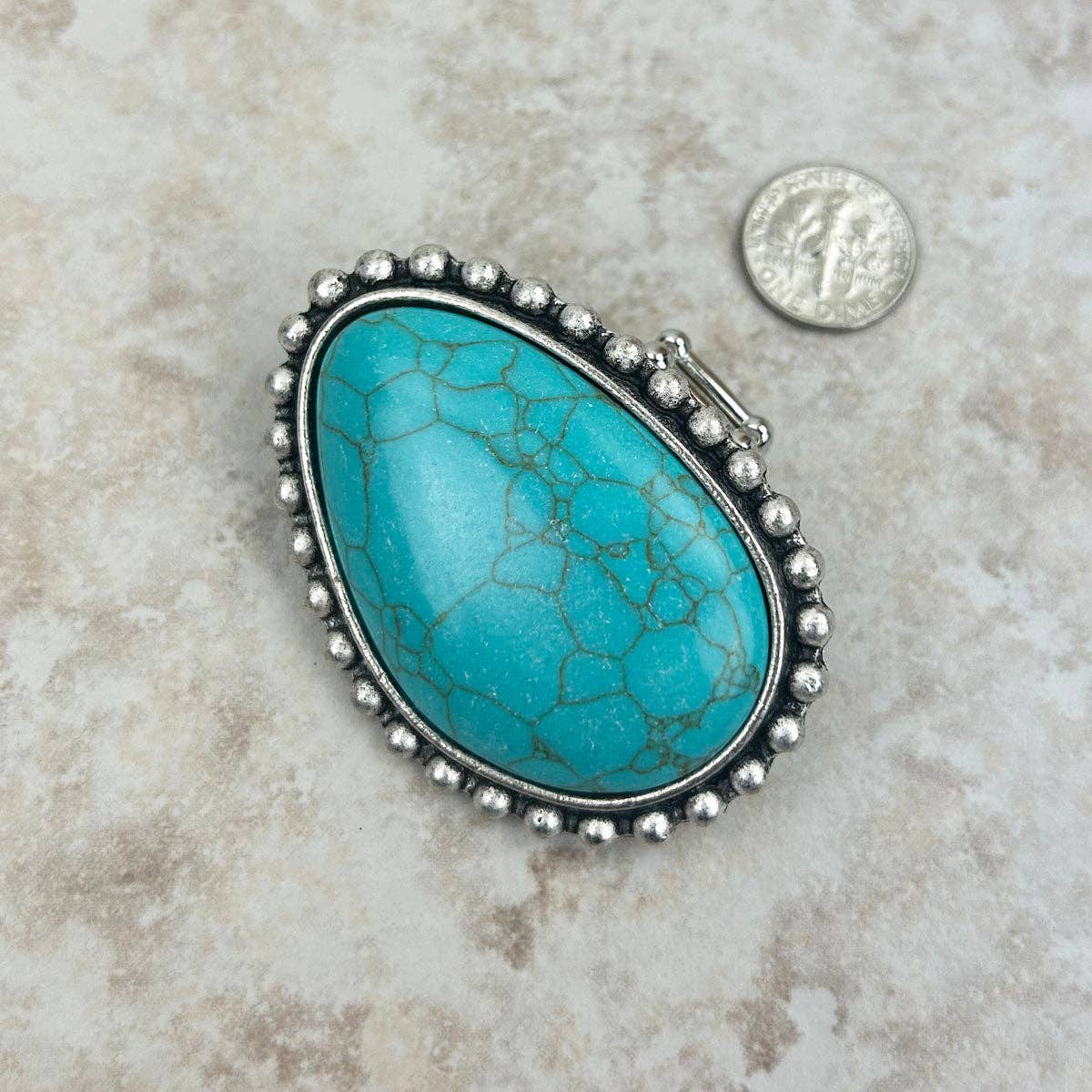 Large Silver Oval with Blue Turquoise Stone Stretch Ring