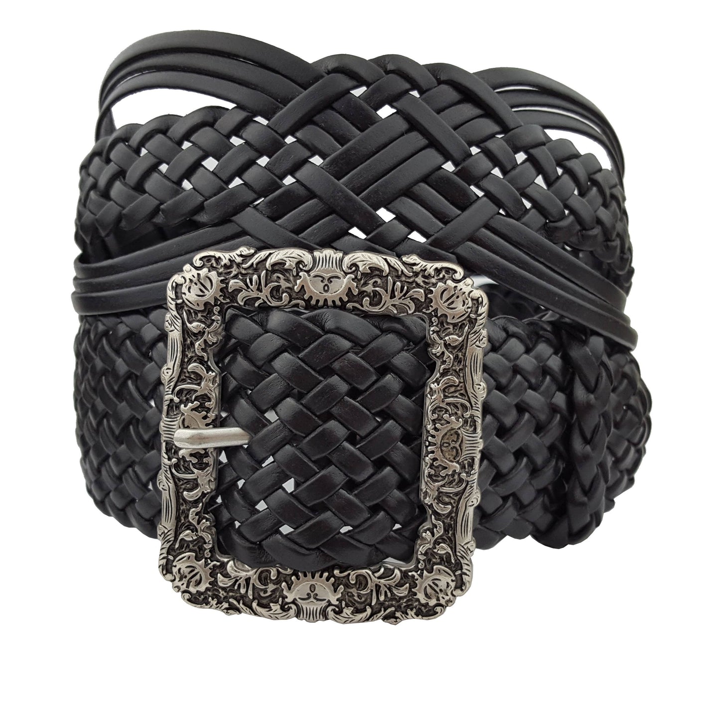 Hand Braided Black Leather Belt with Silver Floral Etched Buckle