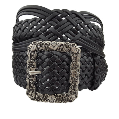 Hand Braided Black Leather Belt with Silver Floral Etched Buckle