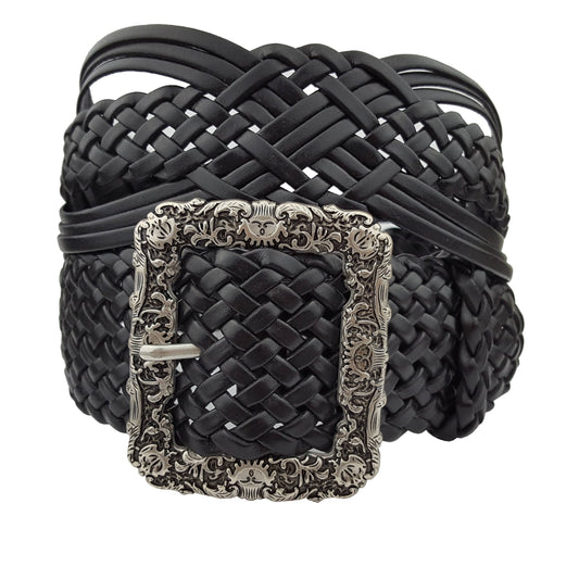 Hand Braided Black Leather Belt with Silver Floral Etched Buckle
