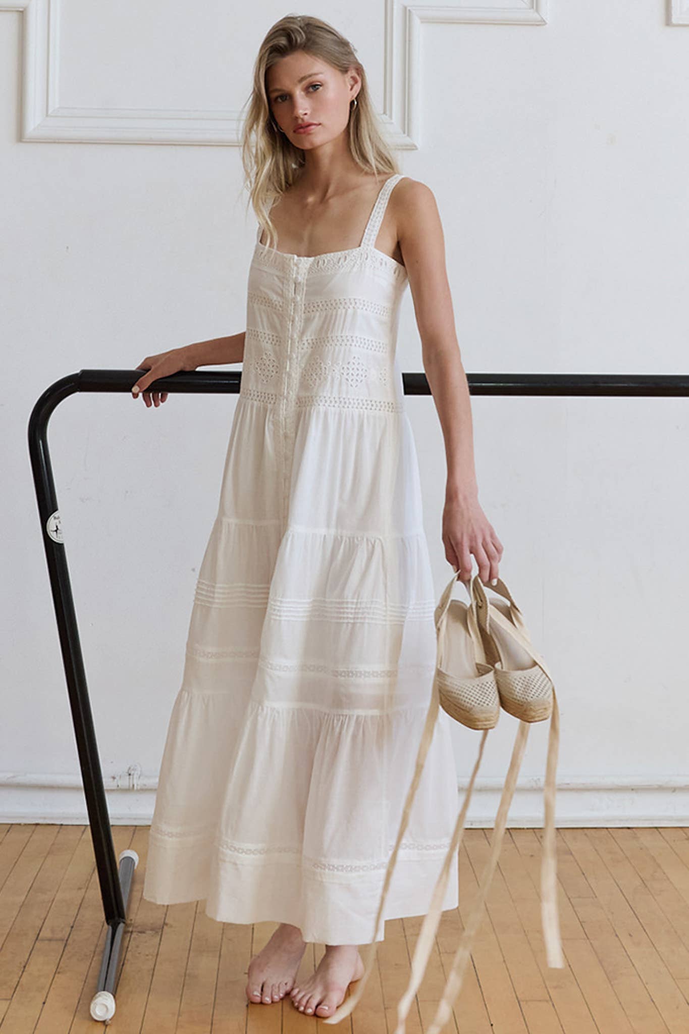 Romantic Tiered Woven Maxi with Lace Trim Dress