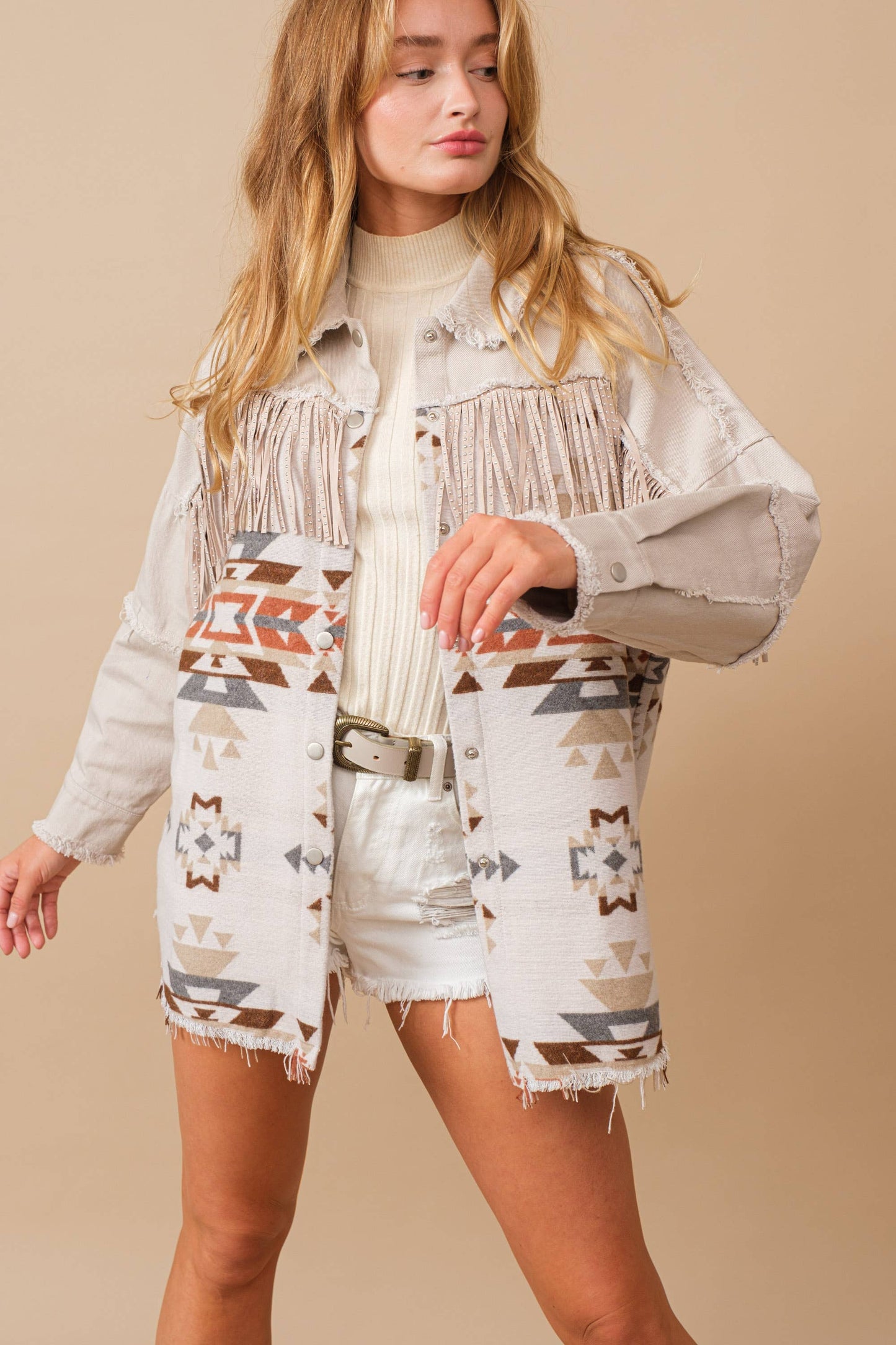 Aztec Contrast Frayed Shirt Jacket