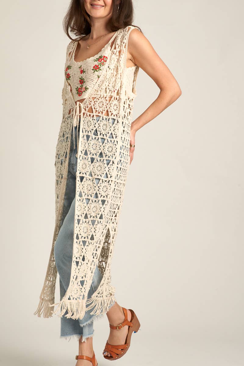 Crochet Open Front Tie Tassel Maxi Cardigan