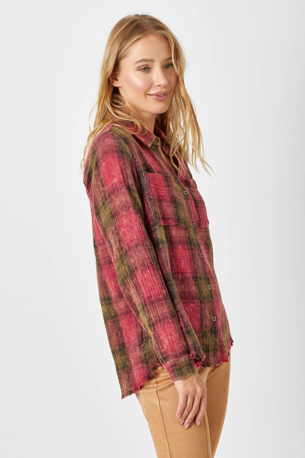 Fringe Bottom Washed Plaid Shirt