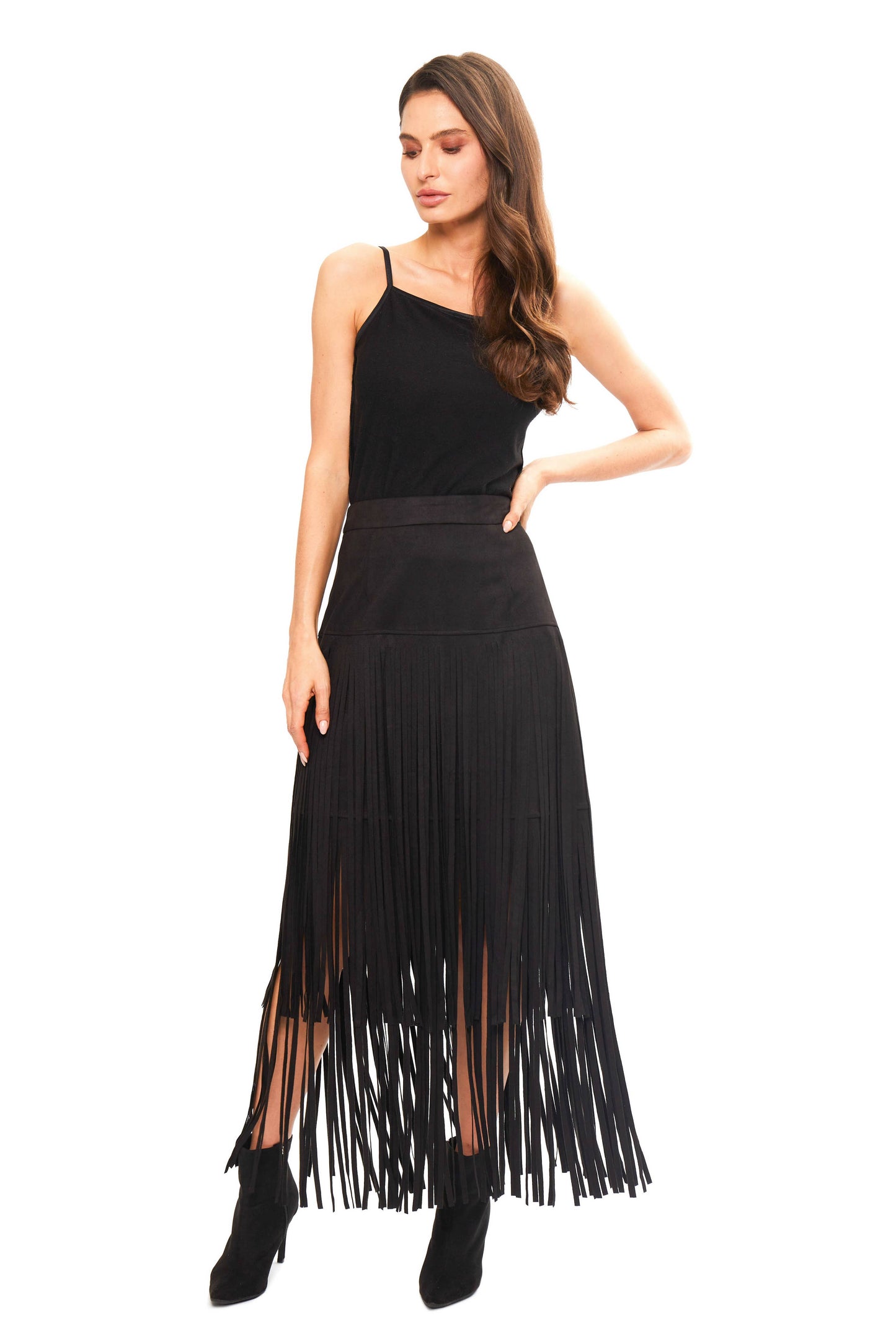 Black Faux Suede Fringe Skirt