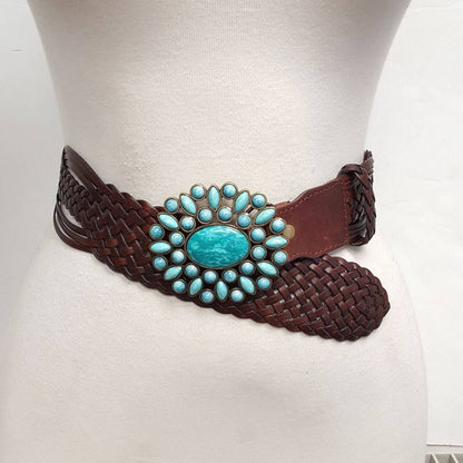 Hand Braided Leather Belt with Turquoise Style Buckle brass