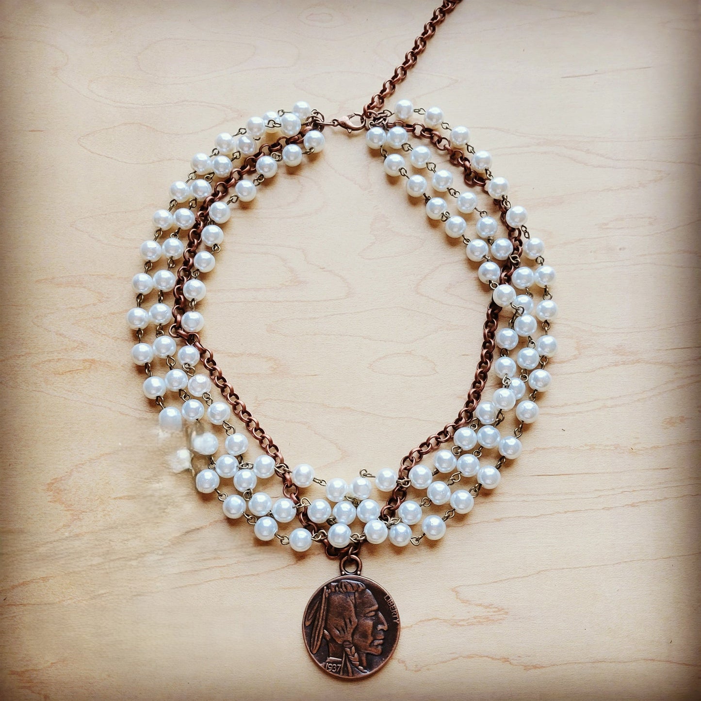 Indian Head Coin Pendant Necklace, Pearl & Antique Copper