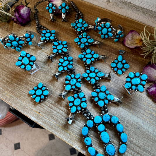 Complete Squash Blossom Set – Kingman Turquoise – Sterling Silver – Navajo Made by Wilson Dawes