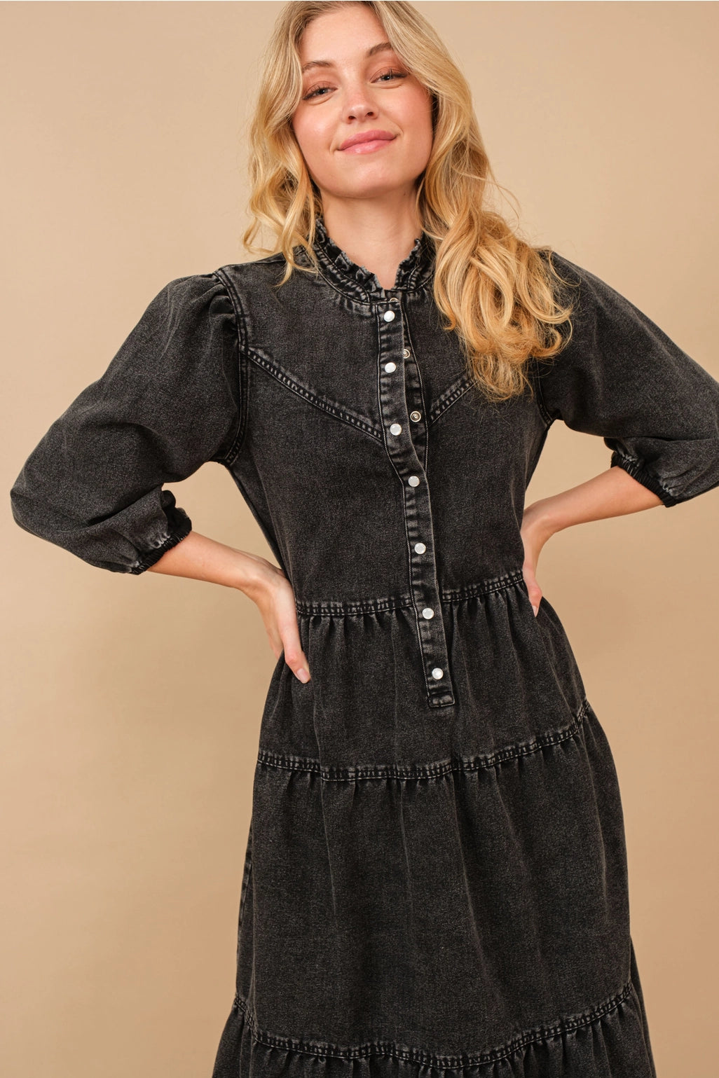 Garment Washed Chevron Yoke Midi Denim Dress Black