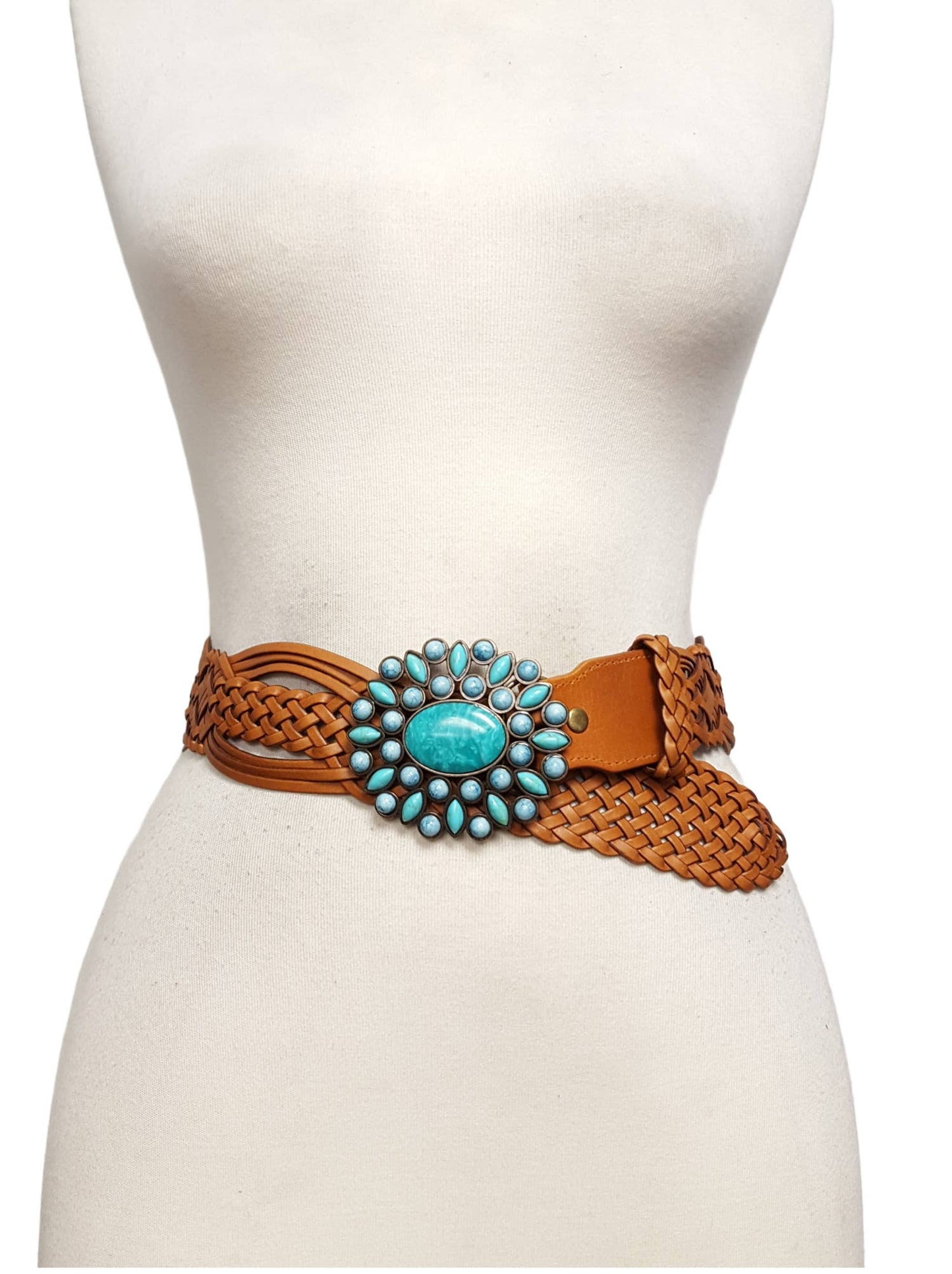Hand Braided Leather Belt with Turquoise Style Buckle brass