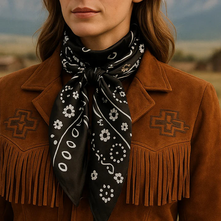 Woman wearing black bandana and brown suede jacket
