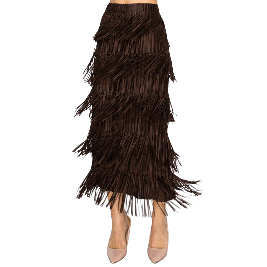 Layered Fringe Tiered Brown Maxi Skirt