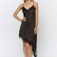 Lace Trim Asymmetrical Hem Satin Midi Dress in Black
