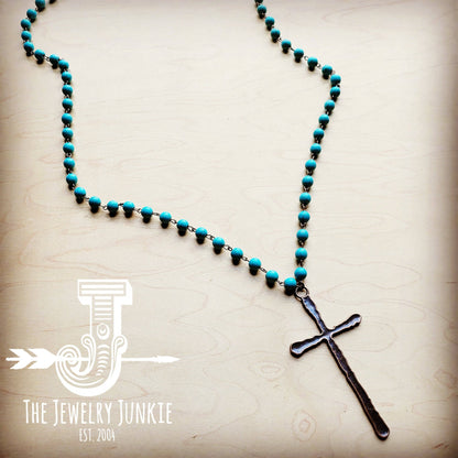 Turquoise Long Beaded Necklace with Antique Copper Cross