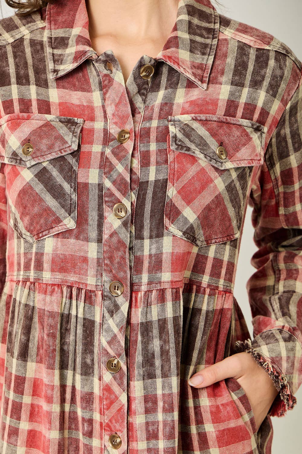 Acid Washed Tiered Coat Dress