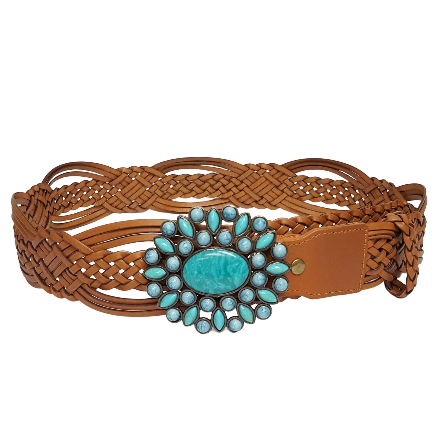 Hand Braided Leather Belt with Turquoise Style Buckle brass