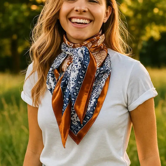 Woman smiling, wearing a patterned silk scarf and white t-shirt.