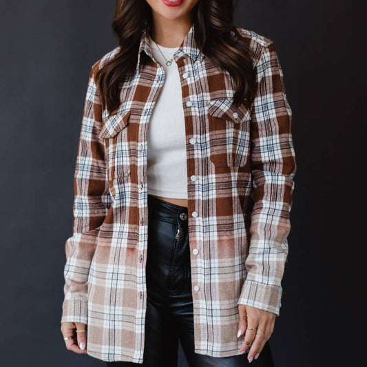Brown, Black, Blue & White Plaid Flannel Shirt for Cowgirls